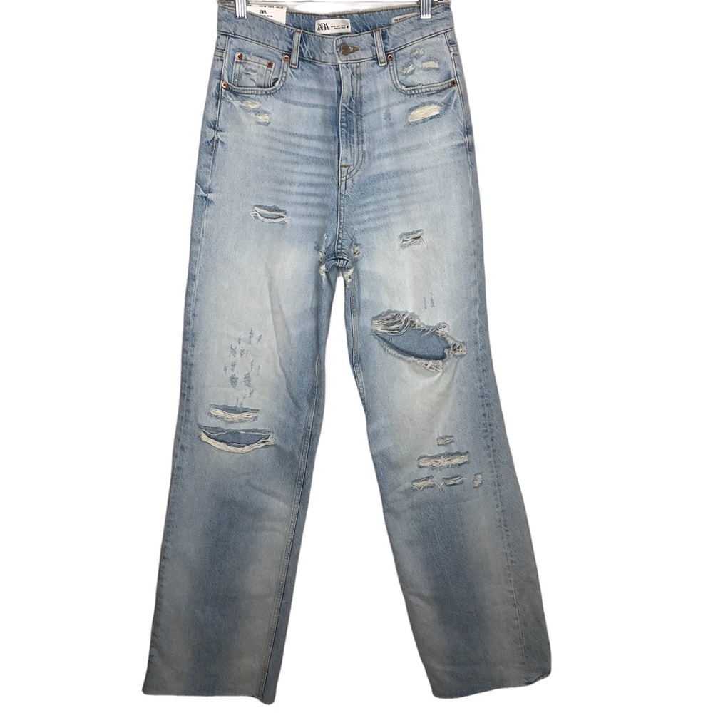 ZARA 90’s Full Length Wide Denim Distressed Jeans in Pasadena Blue NWT